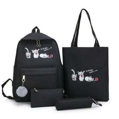 4 stk/sæt skoletaske elev rygsække til piger teenagere kvindelig taske sød tegneserie kat rygsække lærred taske rygsæk: -en