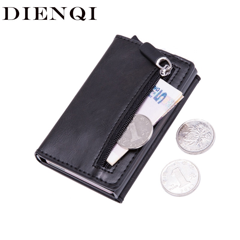 DIENQI – étui en cuir Anti Rfid pour hommes et femmes, portefeuille en métal, porte-monnaie en carbone, Mini porte-cartes de crédit avec fermeture éclair