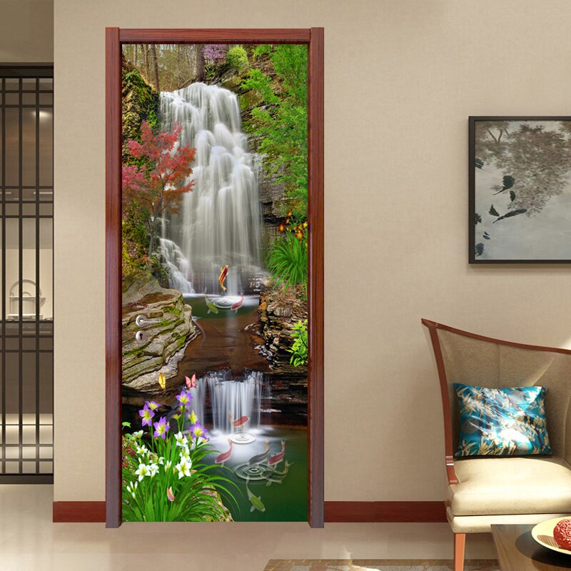 Lindo papel de parede 3d com cascata e paisagem, adesivo de porta para sala de estar, cozinha, à prova d'água, mural 3d, decoração de casa, decalque de porta