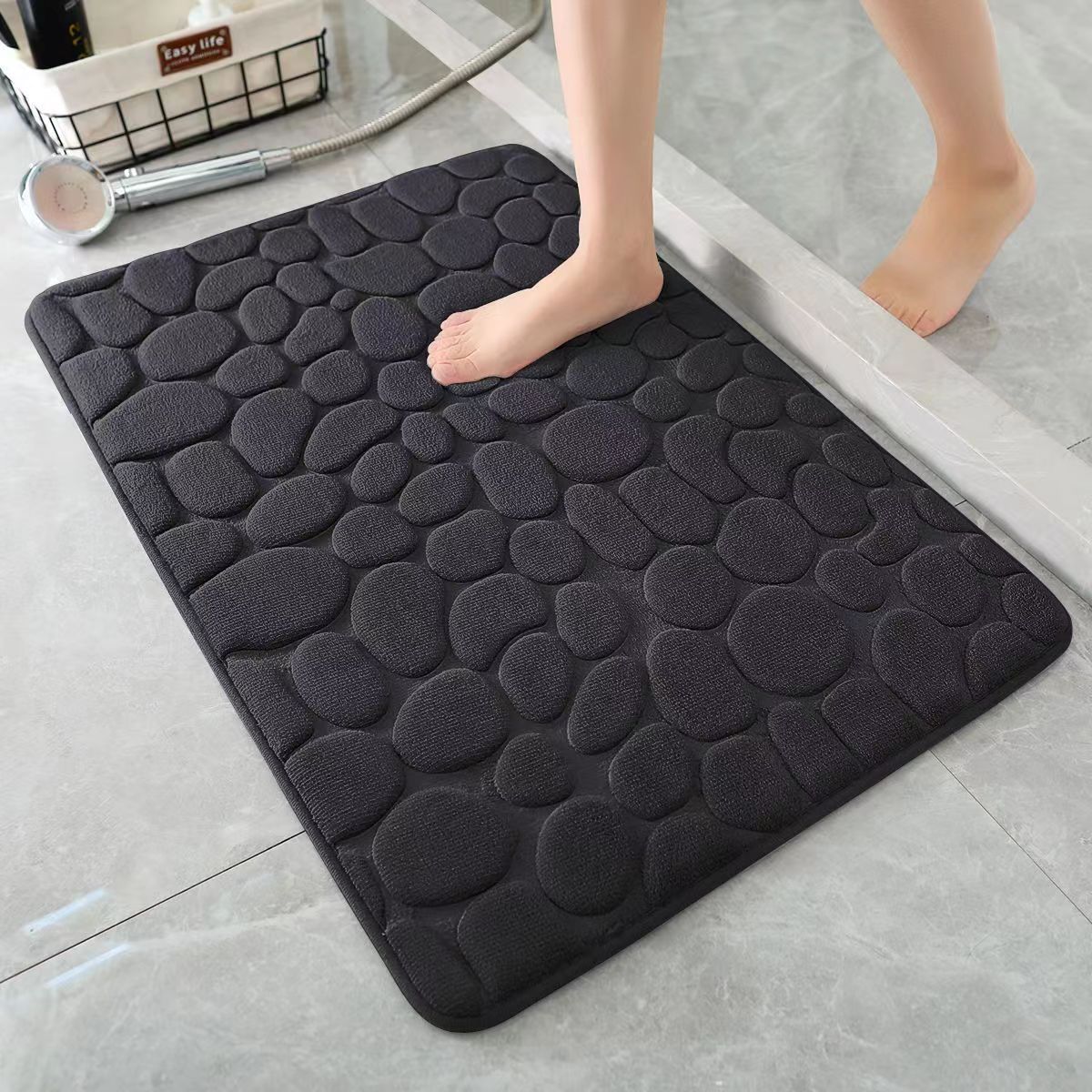 3D antiderrapante banheiro esteira, absorvente capacho, cobblestone gravado tapete, porta tapetes, máquina lavável, secagem rápida: Preto / 700MMx1400MM