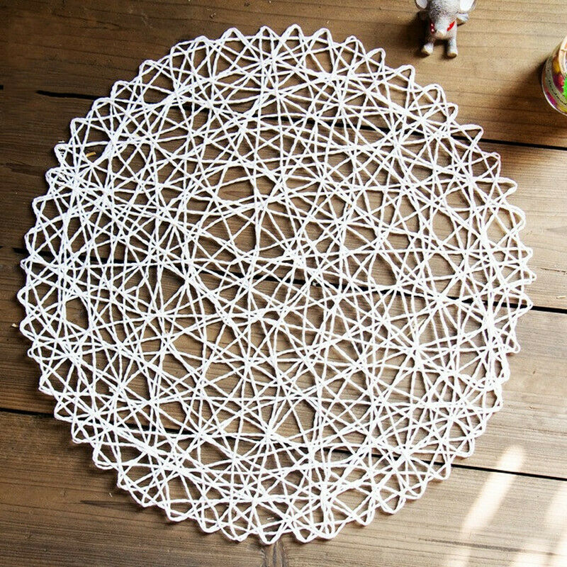 2pcs 38cm Dining Table Mat Cup Pads Rural Table Hollow Mat Round Woven Dining Pads Handmade Christmas Decorations Home Tableware: White