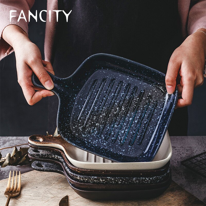 FANCITY-Plato cuadrado Vintage con mango, bandeja de cerámica para hornear, plato para horno, plato para arroz horneado