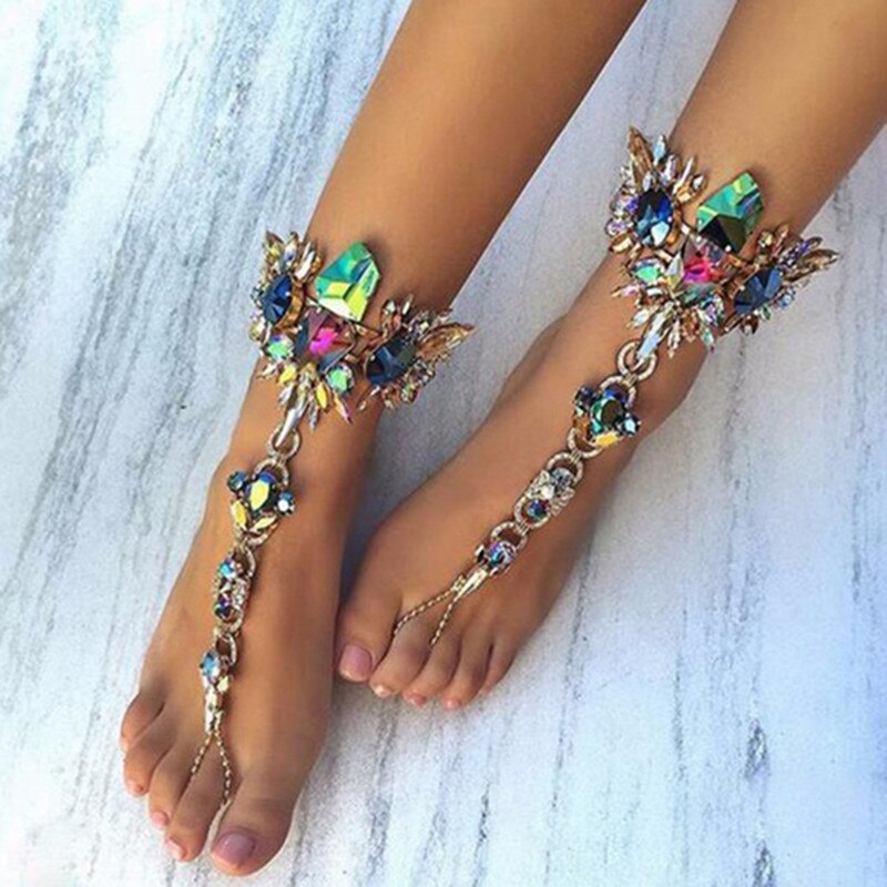 Luxe Crystal Rhinestones Gem Bloem Hanger Enkelband Chain Ankle Barefoot Sandalen Foot Sieraden Strand Enkel