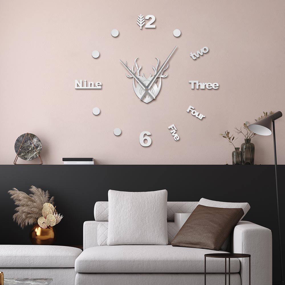 Cerf wapiti tête 3D silencieux Quartz horloge murale bois Animal chasseur miroir effet Stickers muraux pour salon grande montre