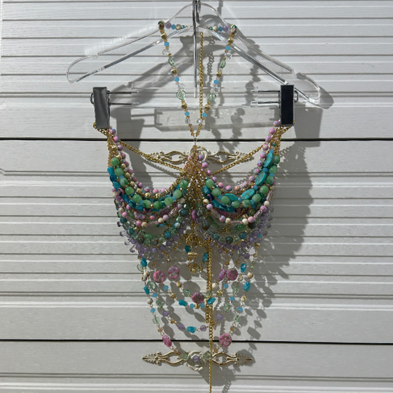 Sexy Women Handmade Turquoise Lavender Multi Stone Bead Body Chain Bikini Bra Hlater Romantic Tank Top Beachwear Lingeie