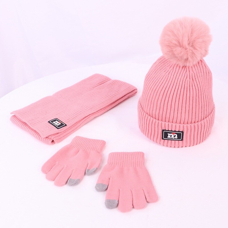 Børns vinter / efterår uld tredelt sweater cap til drenge og piger strikket varm hat tørklæde handsker sæt: Tredelt lyserød