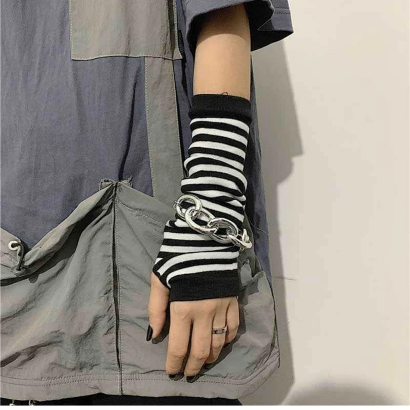 Mode Gebreide Lange Handschoenen Outdoor Punk Lange Mouwen Vingerloze Handschoenen Kerst Cos Elleboog Wanten Dame Gestreepte Elleboog Handschoenen