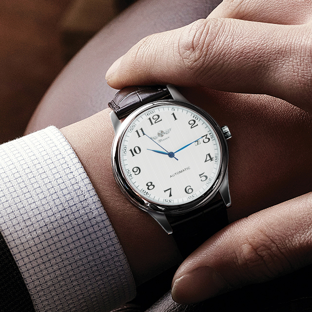 Winner Klassische Business-Armbanduhr für Herren, Retro-Kalender, blaue Zeiger, automatische mechanische Uhren, Top, Luxus-Stahl-Ledergürtel