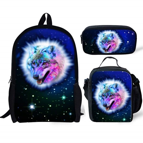 INSTANTARTS Cool Galaxy/Universe Wolf Print Schooltas voor Jongens 3 STUKS Set Rugzakken Kinderen Casual Middelbare School Student Rugzak: CC3224CGK
