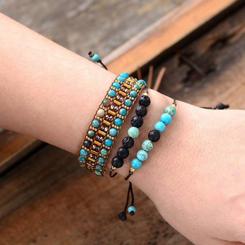 High End Women Boho Bracelet Natural Stone Seed Beads Wrap Bracelets Semi Precious Stone Beaded Cuff Bracelet