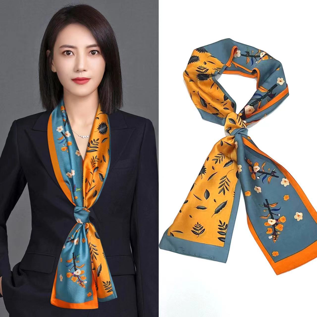 Neue schmale Damen-Seidenschals, Pufferband, Haarschmuck, Krawattenbeutel, 145 x 13 cm, Halstuch, bedruckt, Simulation langer Seidenschal: Ingwer