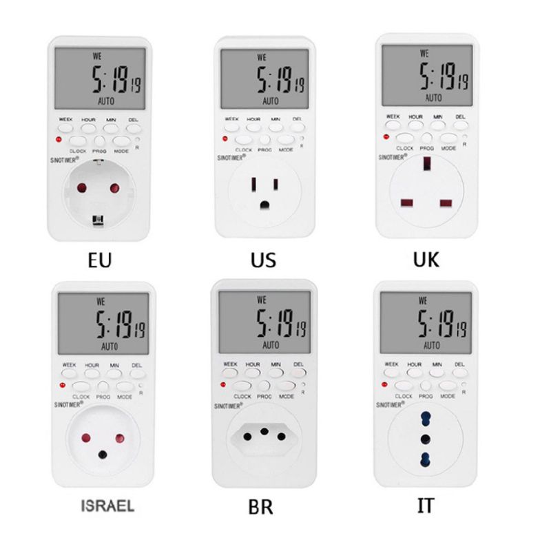 Digital timer-stik  ac230v -tidsrelæ programmerbart eu/us/uk/isr/br/it stik