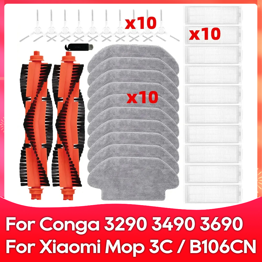Compatible con ( Xiaomi Mijia Robot Vacuum Mop 3C / B106CN / Conga 3290 / 3490 / 3690 ) - Piezas y Accesorios: Cepillo Lateral Principal, Filtro, Paño de Fregar, Kit