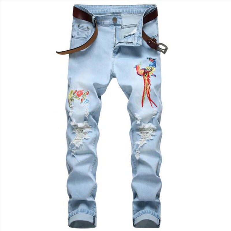 Mannen Gescheurde Jeans Borduren Broek Jean Homme Voor Mannen Slanke Denim Broek Mannelijke Zwarte Blauw Straight Casual jeans