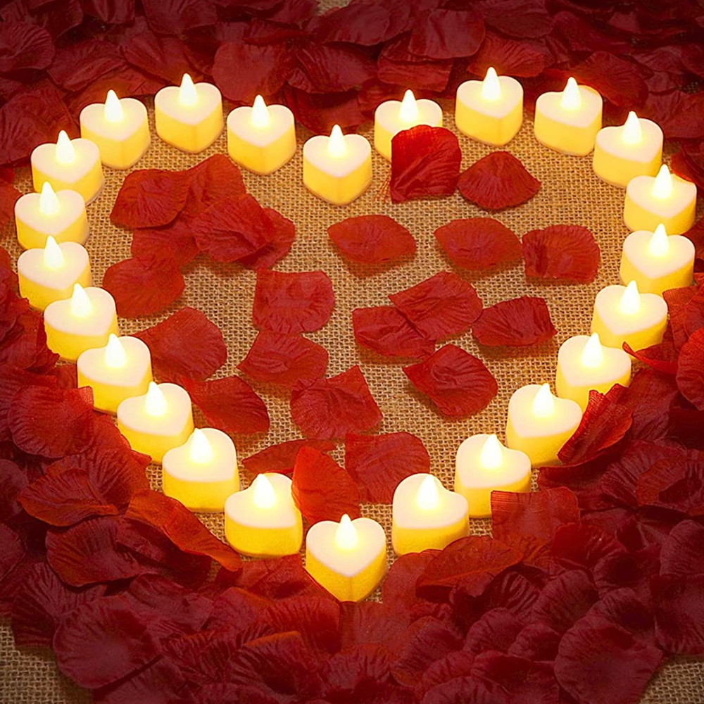 Velas LED con 100 piezas de pétalos de rosa artificiales, luces de té con batería, para propuesta de boda, Día de San Valentín, decoración del hogar, 24 piezas: Heart-shaped