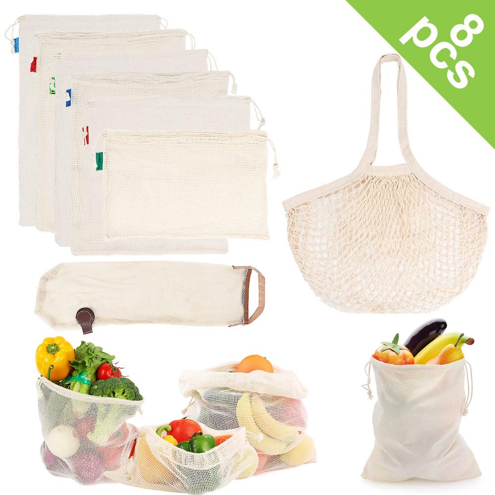 Bolsas de malla de algodón ecológicas para vegetales, bolsas de producción reutilizables, cesta para frutas y verduras, almacenamiento de cocina, bolsa ecológica para verduras