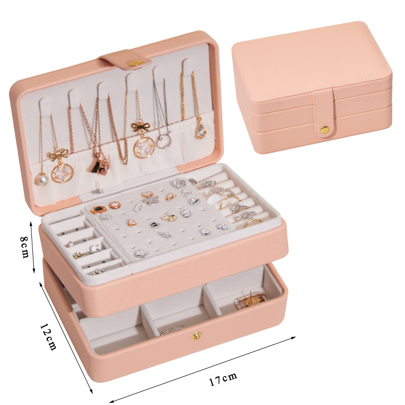 Caja de joyería de viaje portátil, cajas S/M/L, organizador de joyas de 3 capas, caja de joyería con botón, almacenamiento de cuero, Joyeroe para joyeros: Verde