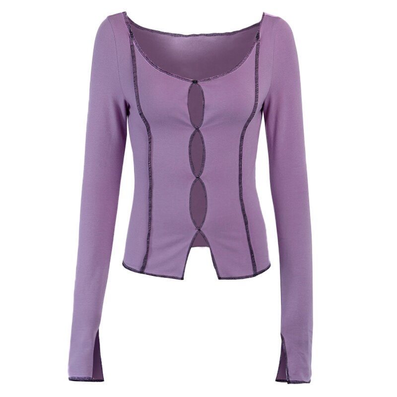 Wannathis roxo superior das mulheres manga longa camisas superiores 2020 oco para fora fenda hem outono streetwear magro algodão senhoras casual retalhos: Purple / M