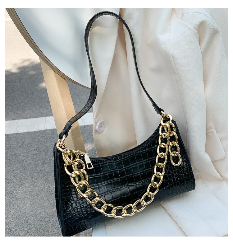 Women Leather Thick Chain Shoulder Bag Casual Daily Travel Female Handbags: Black