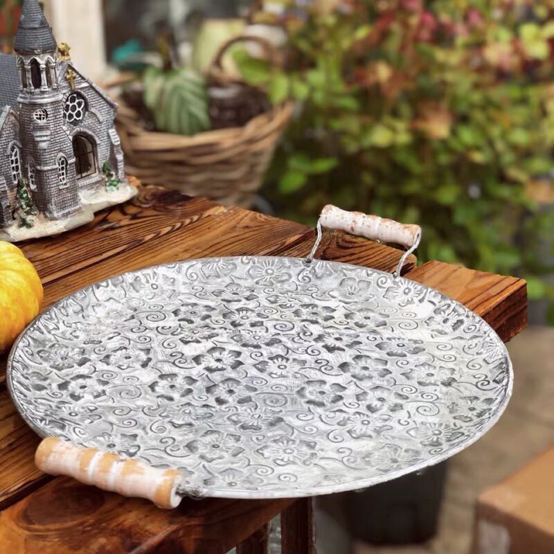 Handcrafted Round Flat Metal Plate Retro Dessert Cake Bread Plate Decorative Antique Serving Tray with Wood Handles Restaurant