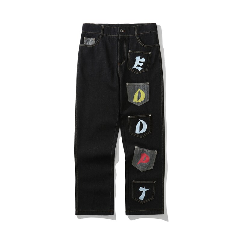 Retro Streetwear Letter Pocket Stitching Jeans Men and Women Straight Oversize Ripped Washed Denim Trousers Hip Hop Loose Pants: Black / asian XL