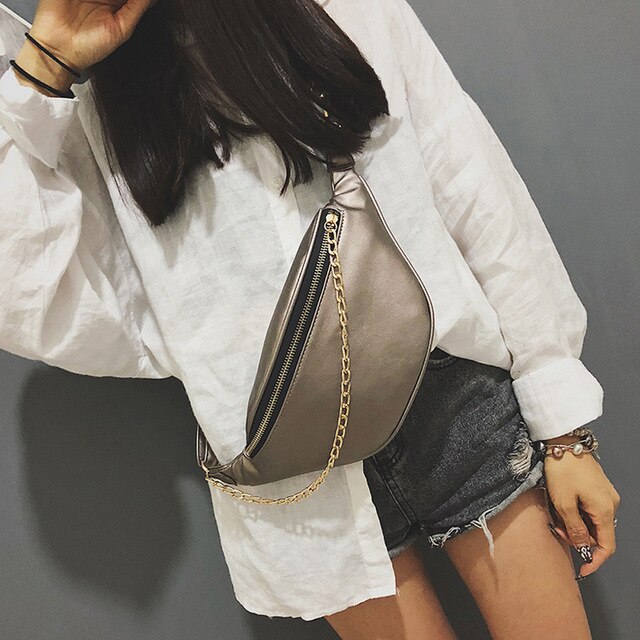 Women Waist Bags Leather Beach Hip Bag Chain Messenger Chest Crossbody Chest Bag Luxury Adjust Hip(Champagne Gold)