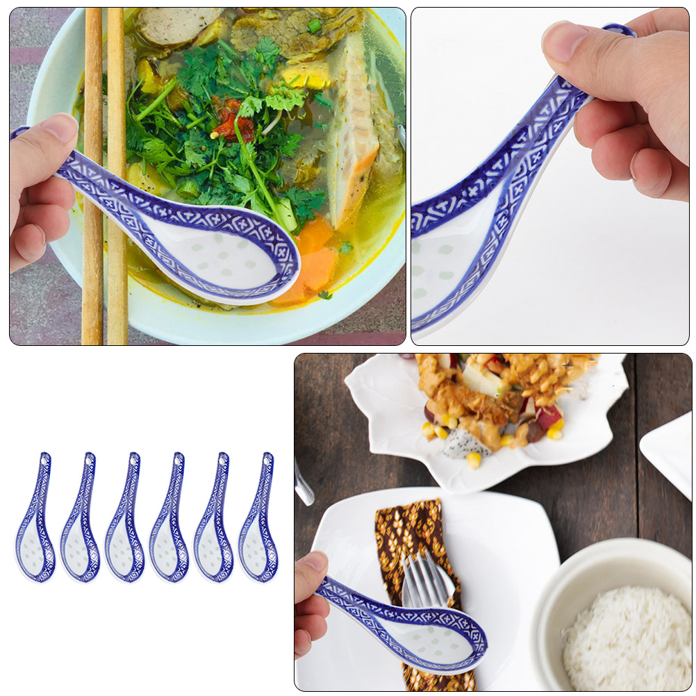 6Pcs Ceramic Spoons Restaurant Tableware Chinese Style Small Soup Spoons