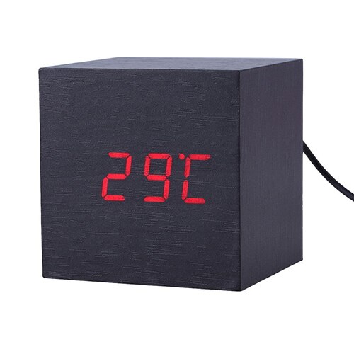 Moderne Houten Kubus Digitale Led Thermometer Kalender Wekker Sound-Gestuurde Klok Houten Klok Elektronische Temperatuur: Black