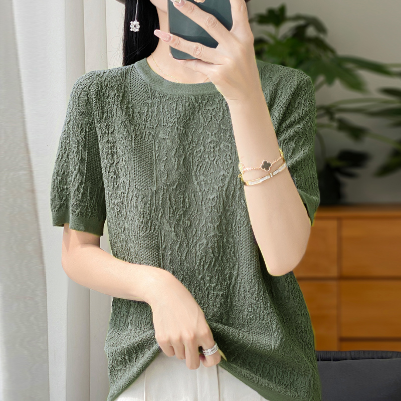 Dam-t-shirt sommartröja i ull med kamgarn kortärmad avslappnad enfärgad damkläder rund hals toppar lös blus