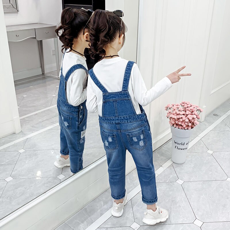 Børne ripped jeans overalls til pige denim bukser børn jeans jumpsuit teenager efterårstøj alder 4 5 7 9 11 13 år