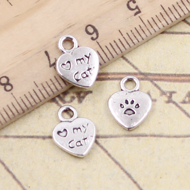 30 piezas encantos corazón amor mi gato garra 12x9mm bronce tibetano Color plata colgantes joyería antigua fabricación artesanal DIY