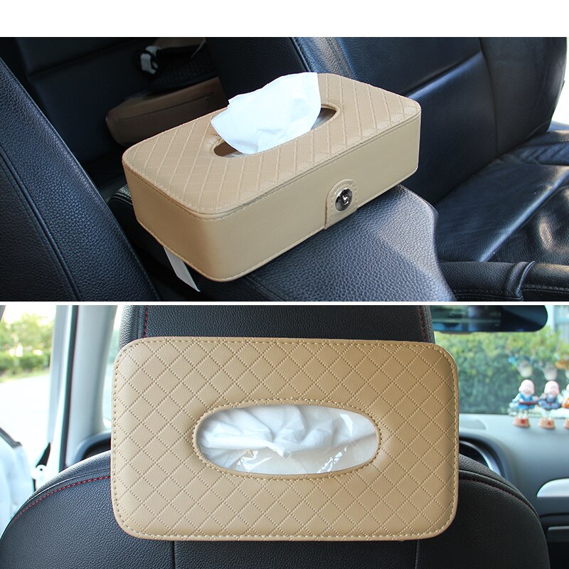 Lederen auto tissue box auto zonneklep type opknoping rechthoek vormige tissue box container handdoek servet weefsel houder papier rack