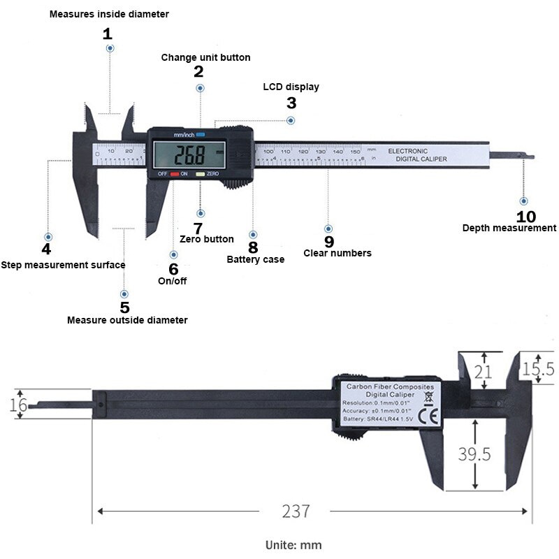 Pied à coulisse 0-150mm 6 pouces outil de mesure en plastique LCD numérique électronique en Fiber de carbone règle jauge micromètre par PROSTORMER