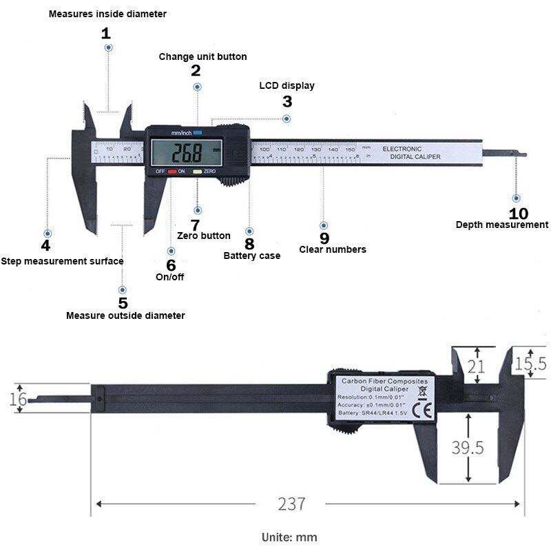 Vernier Caliper 0-150mm 6 pollici di Misura Strumento di Plastica LCD Elettronico Digitale In Fibra di Carbonio Righello Micrometro da PROSTORMER