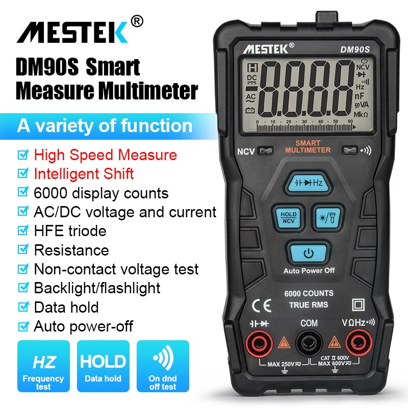 NCV Digital Multimeter 6000 Counts Auto Ranging AC/DC Voltage Meter Flash Back Light Large Screen digital multitester: DM90S