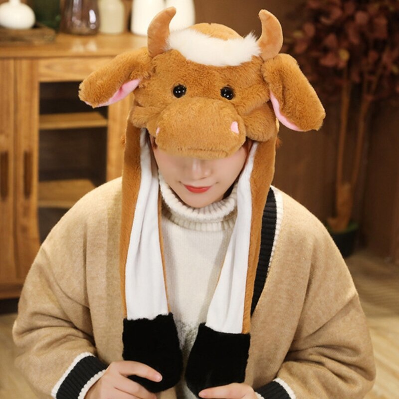 Grappig Ox Dier Pluche Hoed Met Moving Jumping Oren Jaar Cartoon Knuffel Mooie Koe Vee Oorklep Cap Party prop