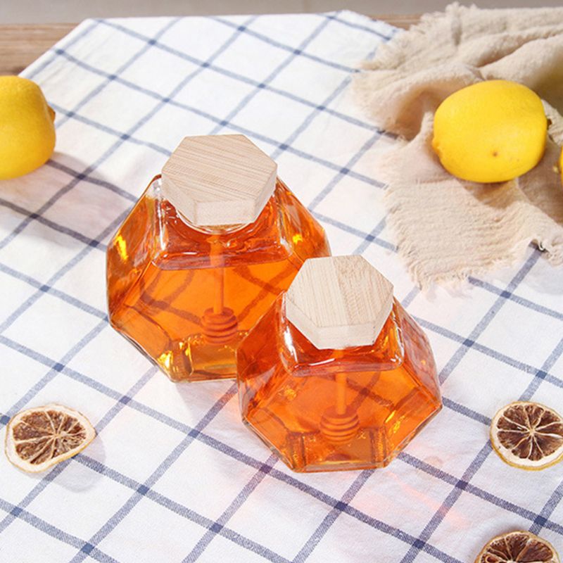 220ML/380ML Hexagonal Glass Honey Bottle with Wooden Stirring Rod Honey Packaging Bottle Small Honey Bottle Container Honey Jar
