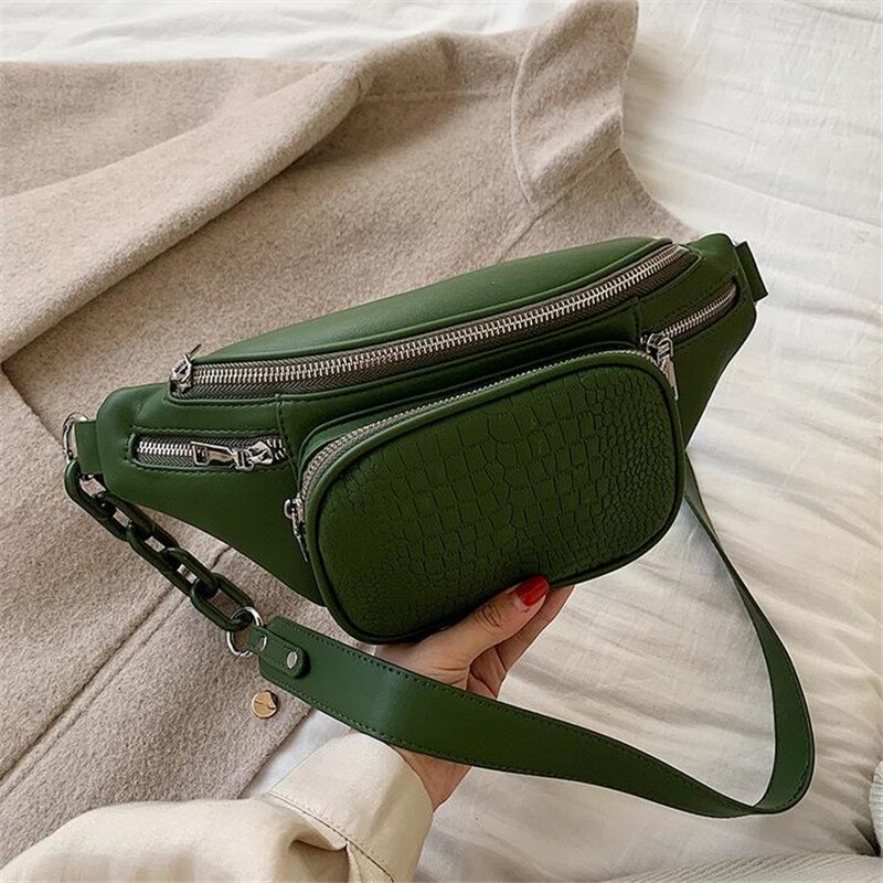 Waist Bags For Women Stone Pattern Leather Chain Waist Bag Belt Leisure Chest Pack Women Satchel Belly Band Belt Bag 40#: Green