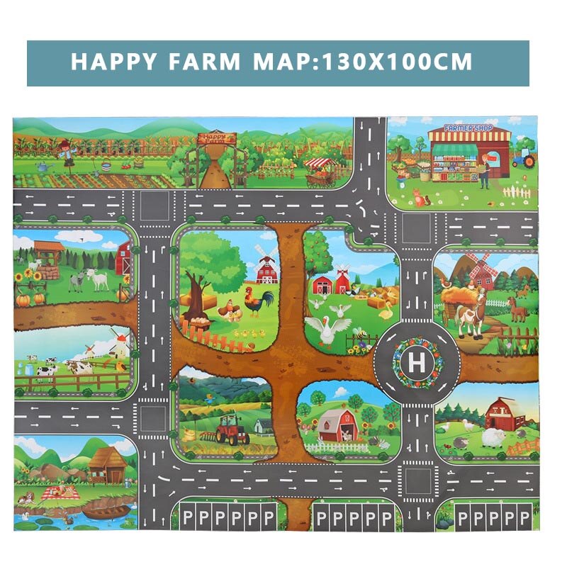 Nuovo 130X100 CM Nordic giocattolo neve tappeti per auto mappa giochi per bambini coperta di zona pad urban road map gioco pieghevole costruzione di parcheggio: Farm Map 130x100