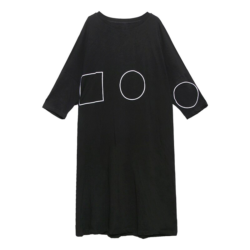 [EAM] vestido largo negro estampado de patrón de talla grande cuello redondo manga larga ajuste suelto Primavera otoño 1Z424: Black