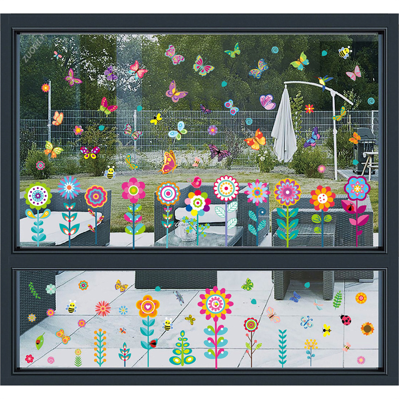 Pegatinas electrostáticas para ventana, 9 piezas, pequeñas flores, mariposa, primavera de bienvenida, espejo de puerta de cristal, pegatinas de decoración de flores
