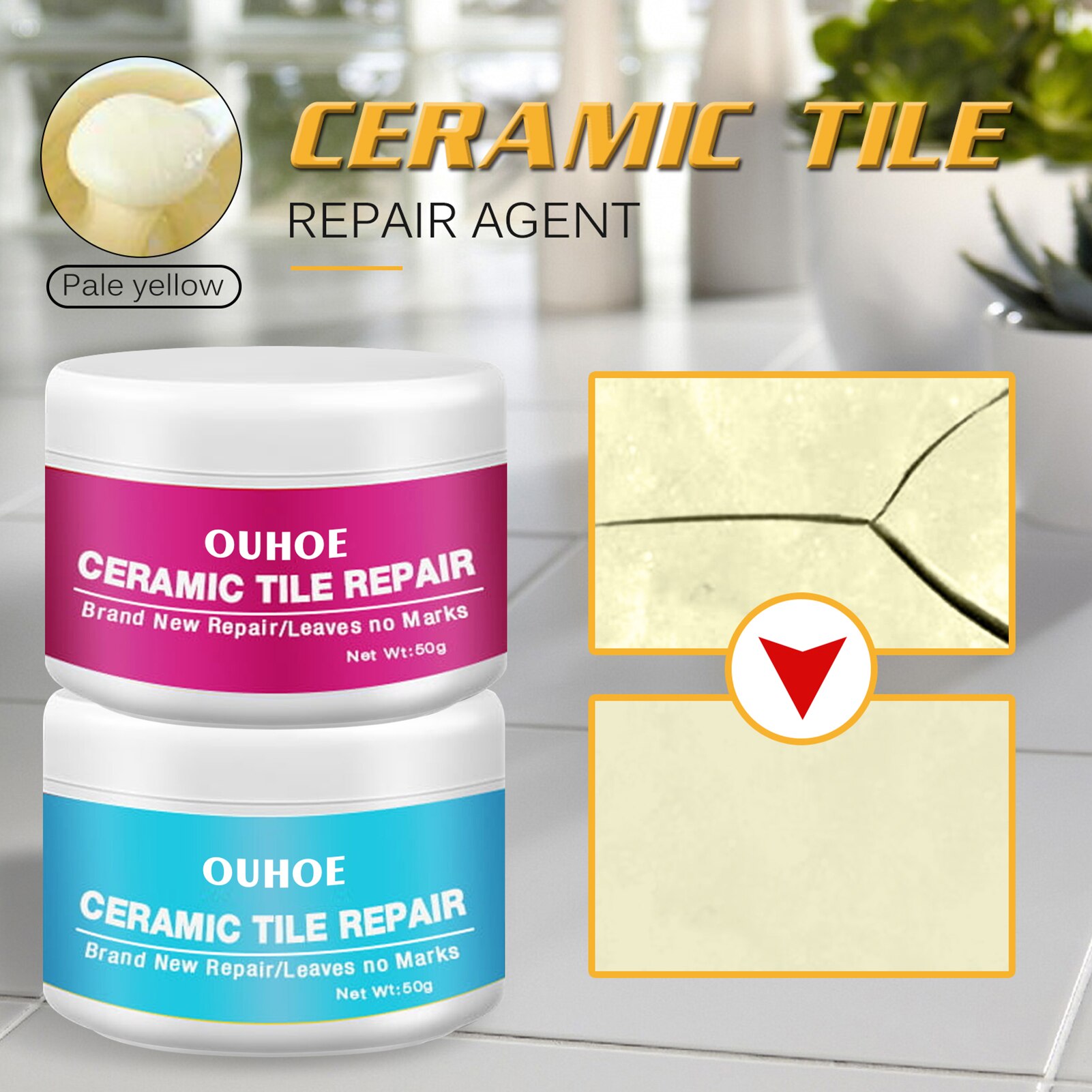 Ceramic Tile Repair Agent Ceramic Paste Floor Tile Adhesive Bathroom Closestool Marble Pit Glazed Fix Repair Paste: Yellow