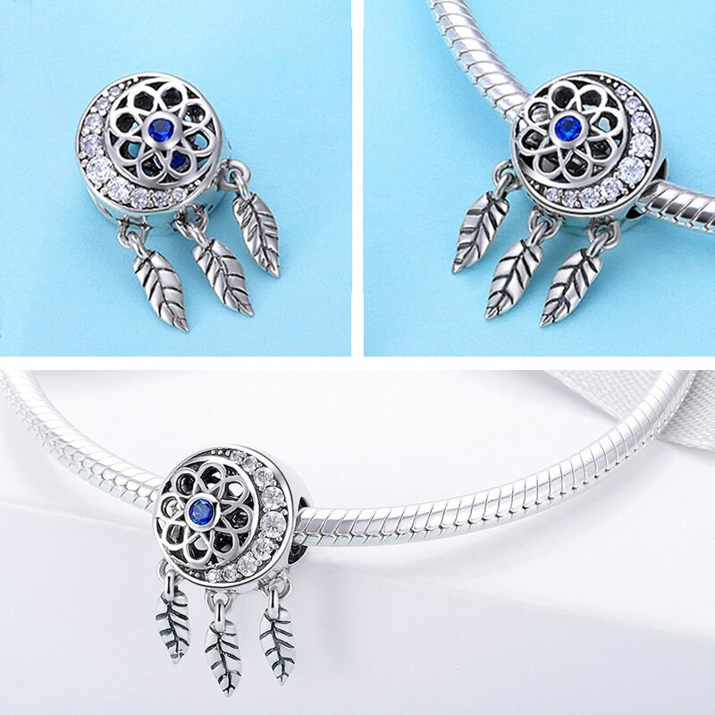 BISAER 925 Sterling Silver Beads Dreamcatcher Charms Dream catcher Beads Fit Charm Silver 925 Bracelet Vintage Jewelry ECC330