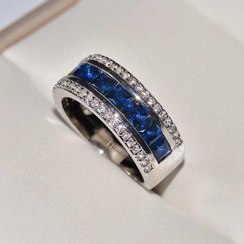 Luxury Micro Royal Blue CZ Paved Engagement Wedding Rings for Women Stainless Steel Colorful Crystal Cubic Zirconia Girl Jewelry