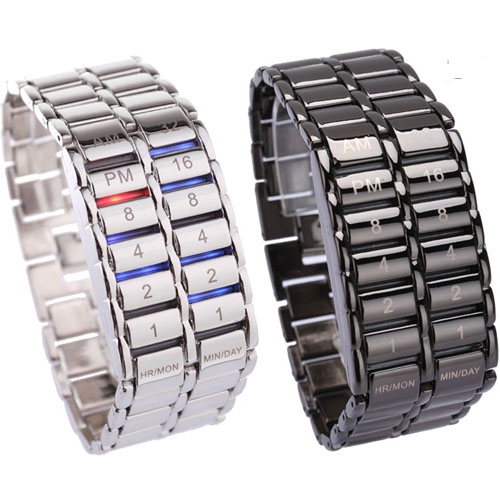 Mode Digitale Horloge Cool Vulkanische Lava Style Iron Faceless Binary LED Horloges voor Mannen Zwart/Zilver