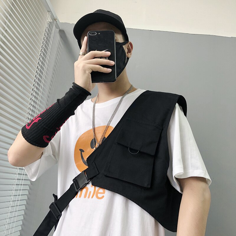 Style coréen personnalité hommes hip hop cargo gilet asymétrique homme vintage streetwear gilet sans manches veste