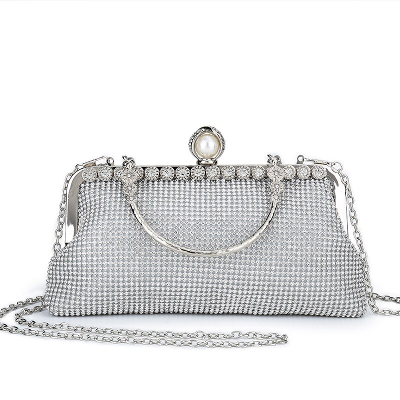 Bolso de mano de noche con diamantes para Mujer, cartera de mano plateada para boda, , banquete, color negro/dorado,: silver 5