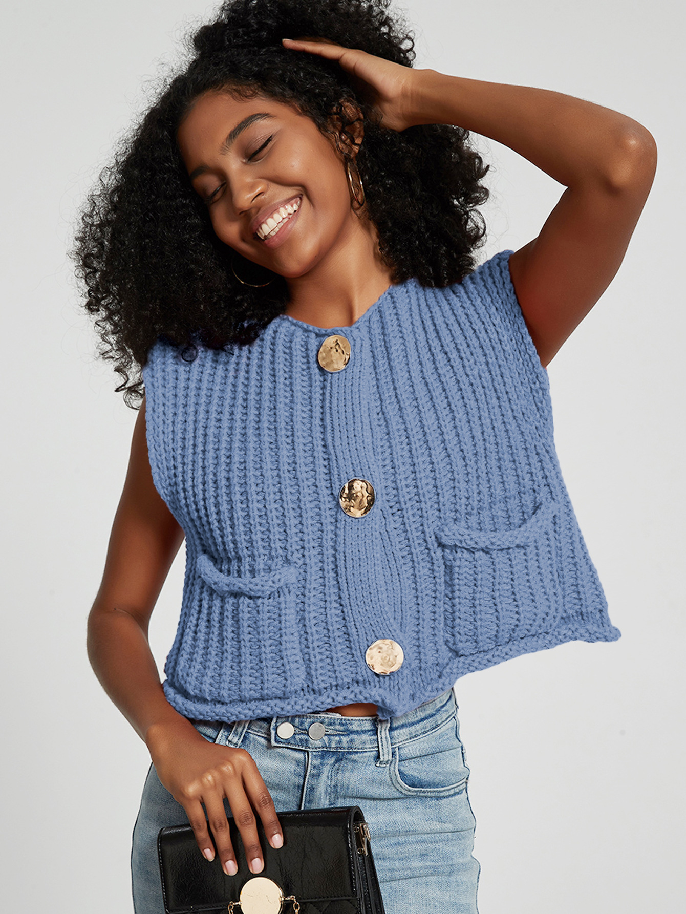 Efterårs cropped sweater dameveste rød ensfarvet løs afslappet sweatervest kabelstrikket sweatervest til kvinder toppe med lommer: S / Blå