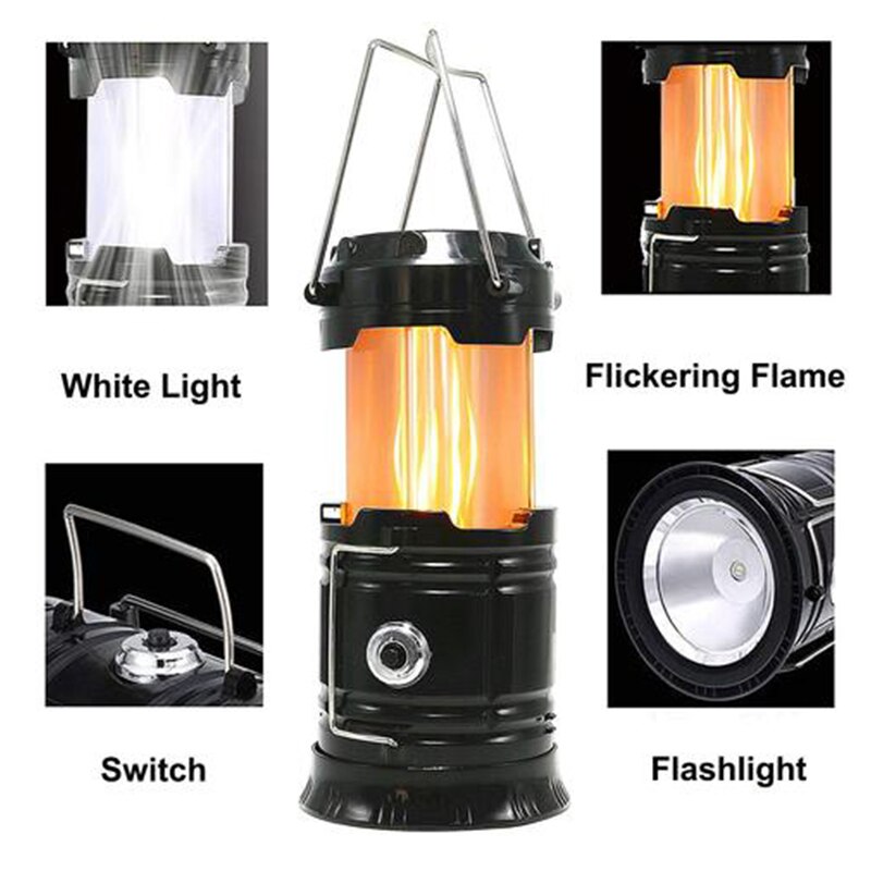 3 in 1 bærbar solcelle camping telt lys flamme lampe lanterne lommelygte udtrækkelig nødbelysning camping lys lanterne