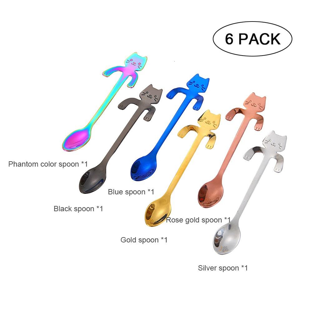 3/ 5/ 6Pcs Stainless Steel Cartoon Cat Spoon Colorful Coffee Ice Cream Tea Spoon Kitchen Supplies Tableware Scoop: 6 pcs